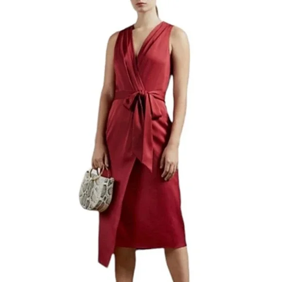 Ted Baker | Dresses | Ted Baker Womens Red Wrap Midi Dress Size Office Work  Sleeveless Sheath Belted | Poshmark
